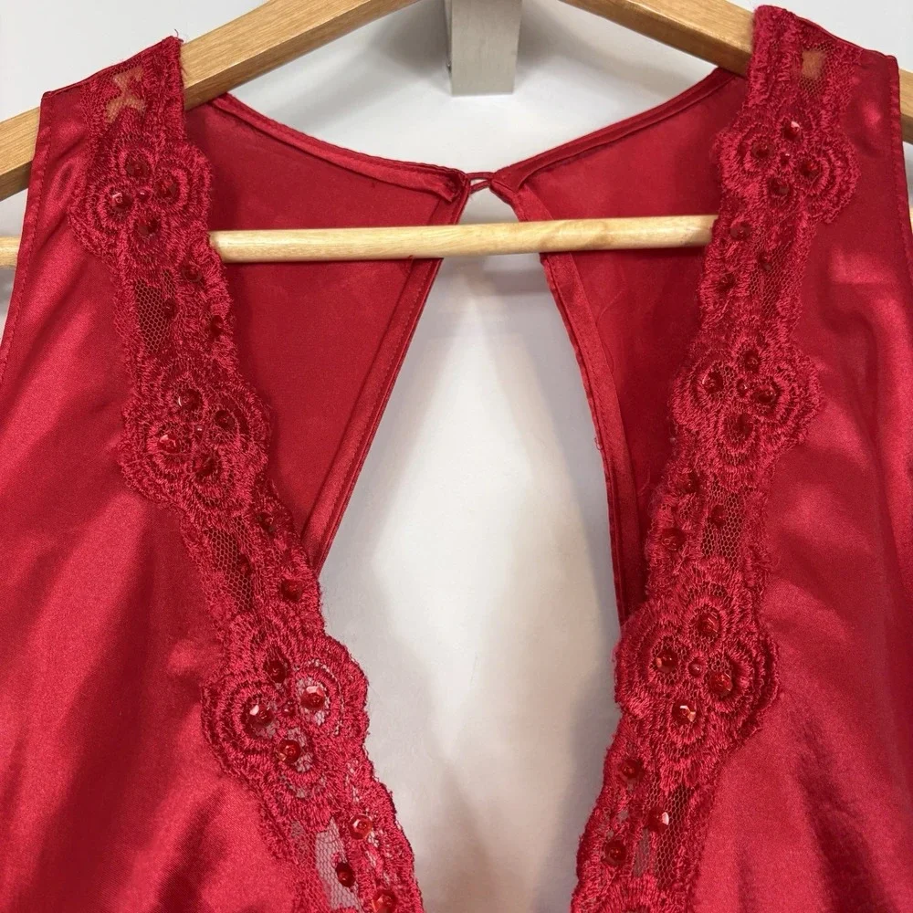 Vtg 80s Victoria's Secret Gold Label Satin Slip Dress Maxi Buttons Lace Trim Red